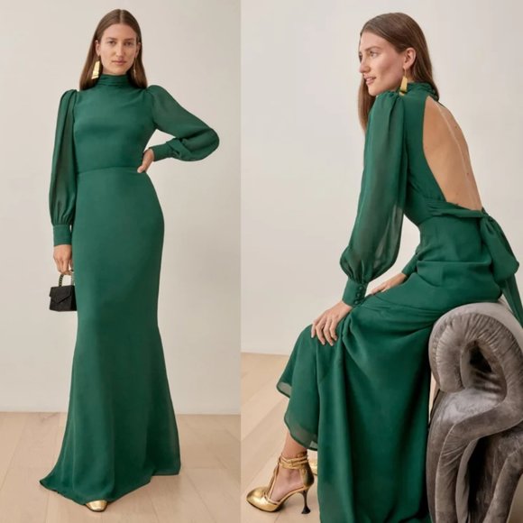 Reformation Midleton Dress Emerald Green Open Back Mock Neck Puffed Sleeves - Picture 1 of 11